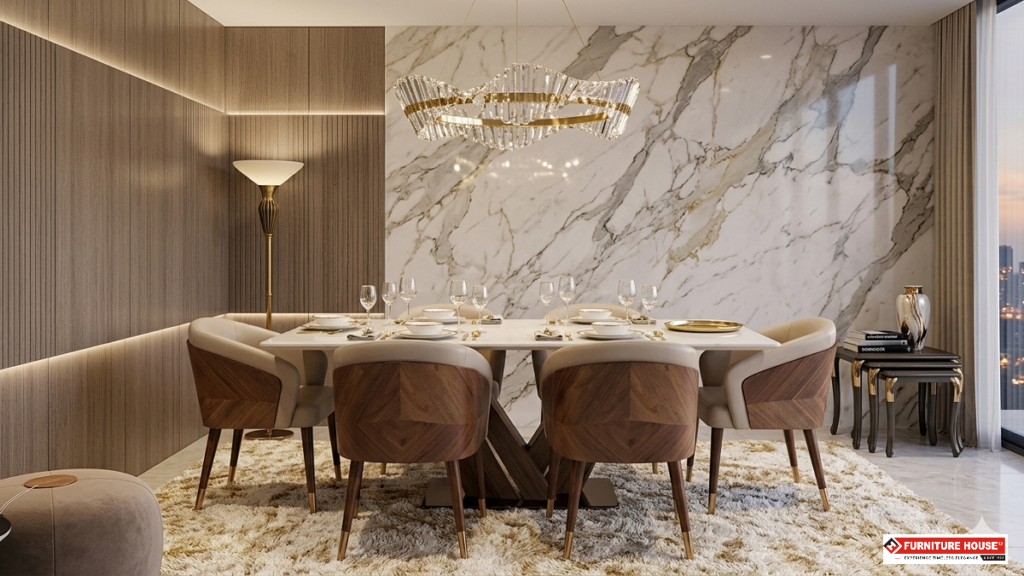6 Seater Marble Top Dining Table Set
